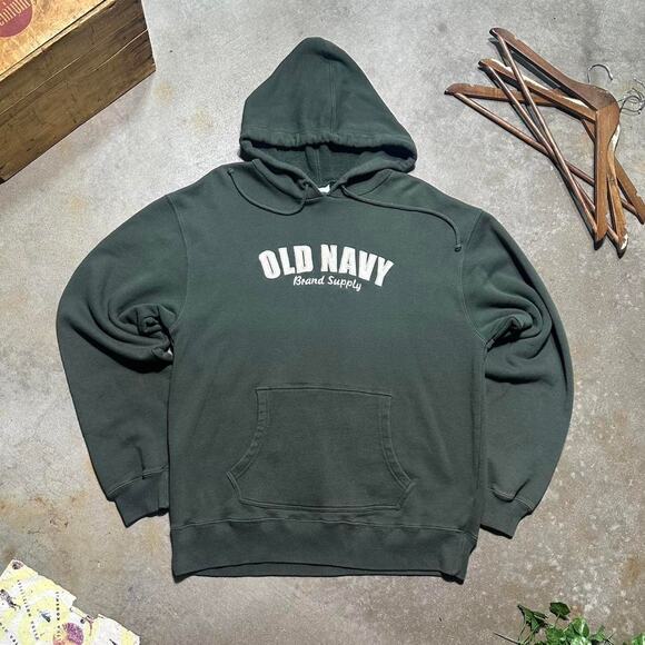 Vintage Y2K Old Navy Spellout Hoodie Mens XL Green White 2000s Basic Sweatshirt - Picture 1 of 4